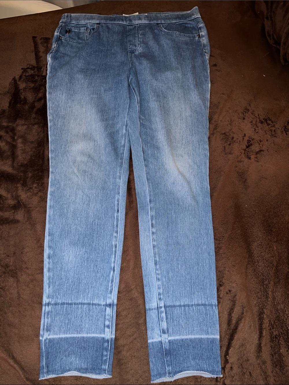 Belle by Kim Gravel Light Blue Pull On Skinny Jeans with Colorblock at Ankles